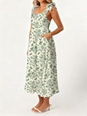ummer Bow Tie Sage Green Floral Lace Midi Dress with Pockets - NWOT - M